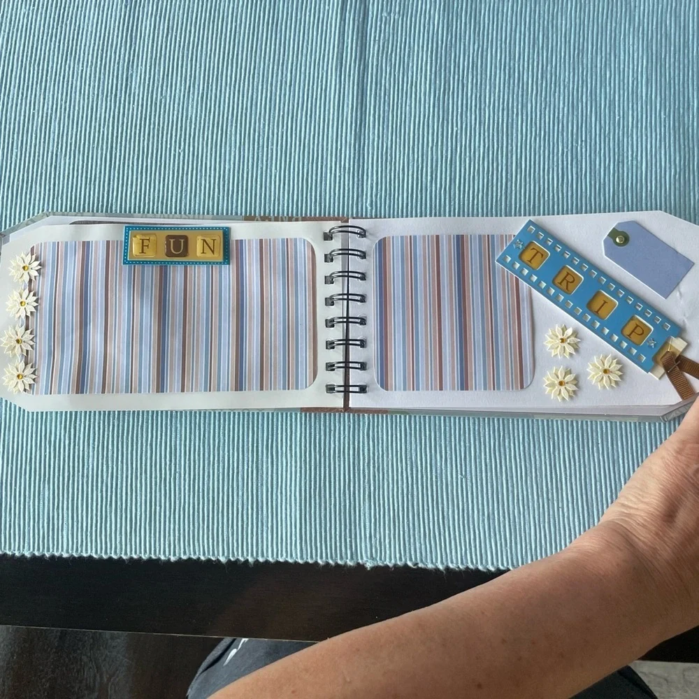 Travel Themed Pre-made Spiral Scrapbook with Bow- picture-ready! 8.25x4.5”